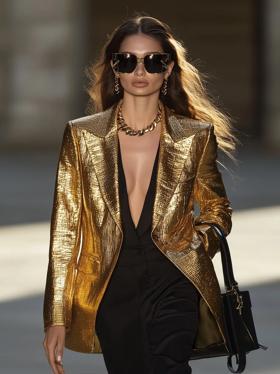 【24-hour shipping】High-End Fashionable Loose Gold Pleated Suit Jacket