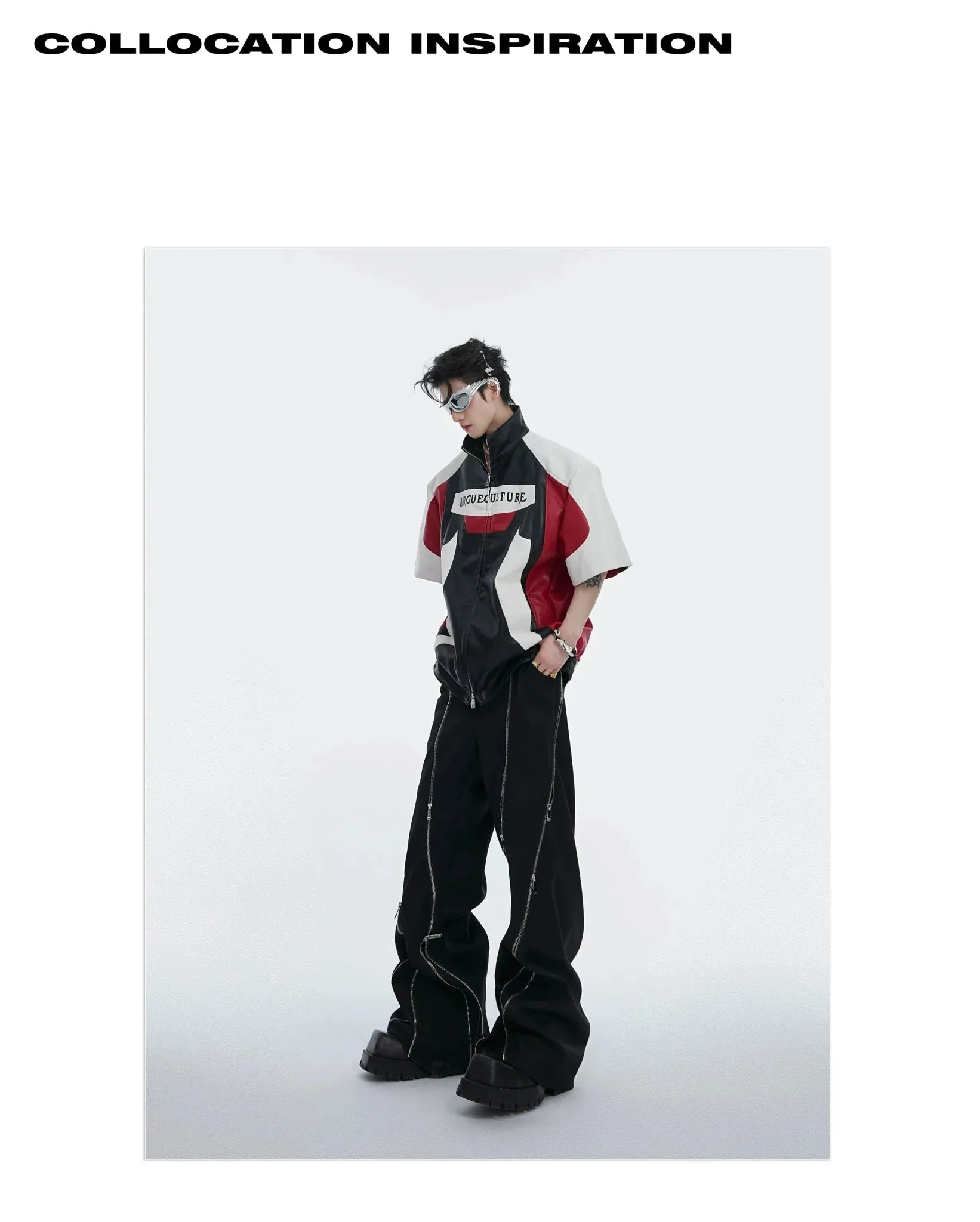 Avant-Garde Color Block Biker Faux Leather Jacket with Deconstructed