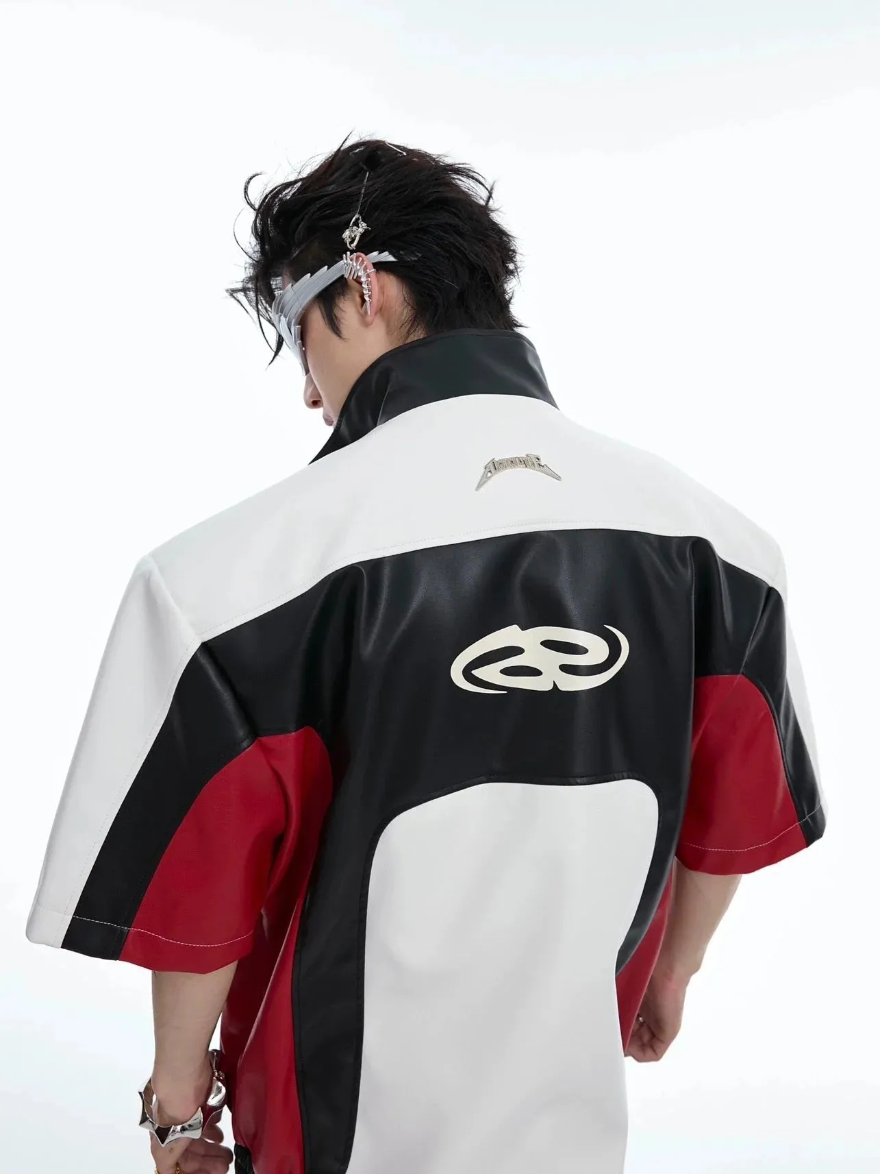 Avant-Garde Color Block Biker Faux Leather Jacket with Deconstructed