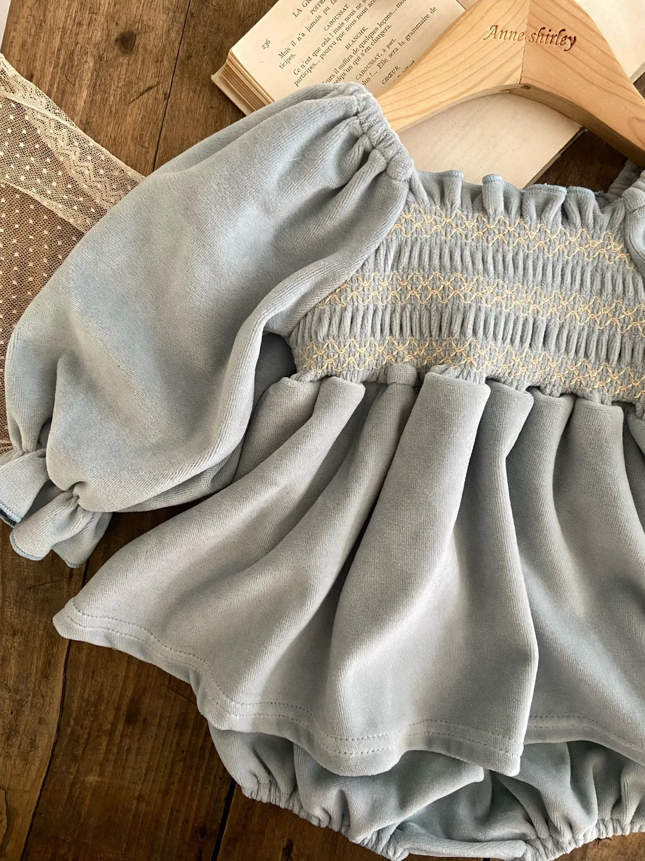Baby Ann Velour Smocked Bodice Puff Sleeve Dress Romper (6-18m) - Sky Blue