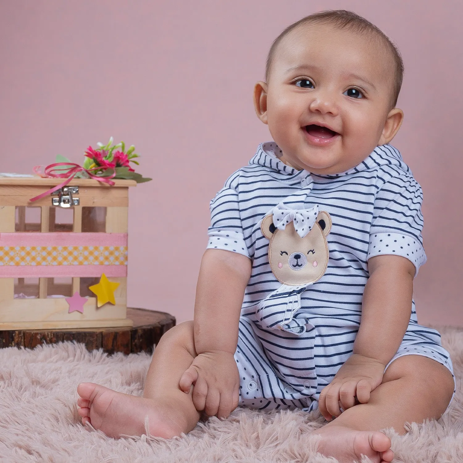 Baby Moo Striped Blushing Bear Hooded Short Romper - Grey