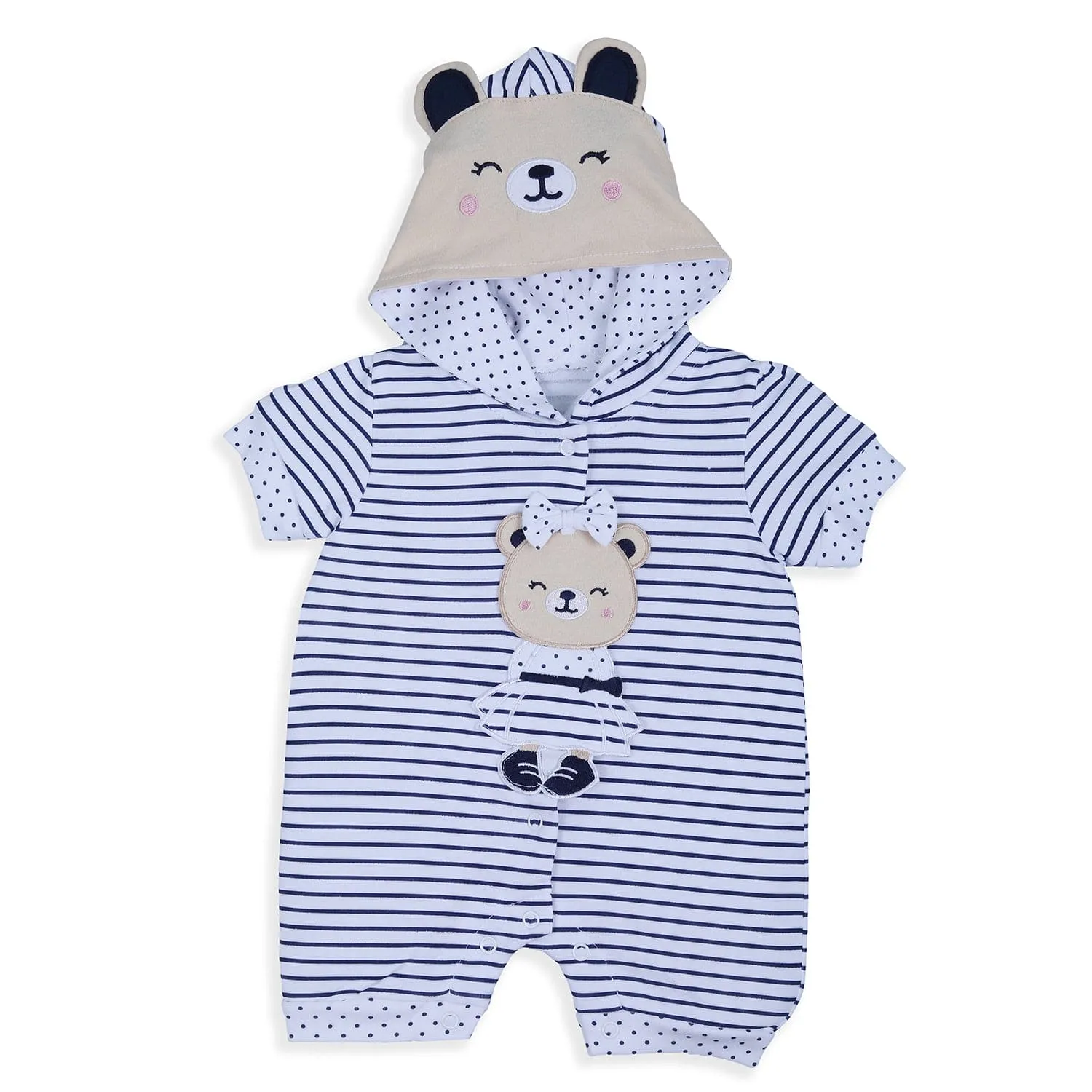 Baby Moo Striped Blushing Bear Hooded Short Romper - Grey