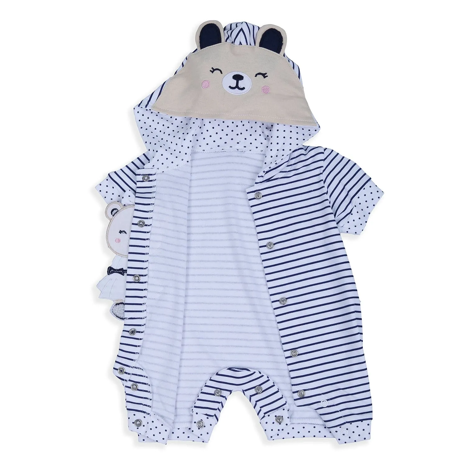 Baby Moo Striped Blushing Bear Hooded Short Romper - Grey