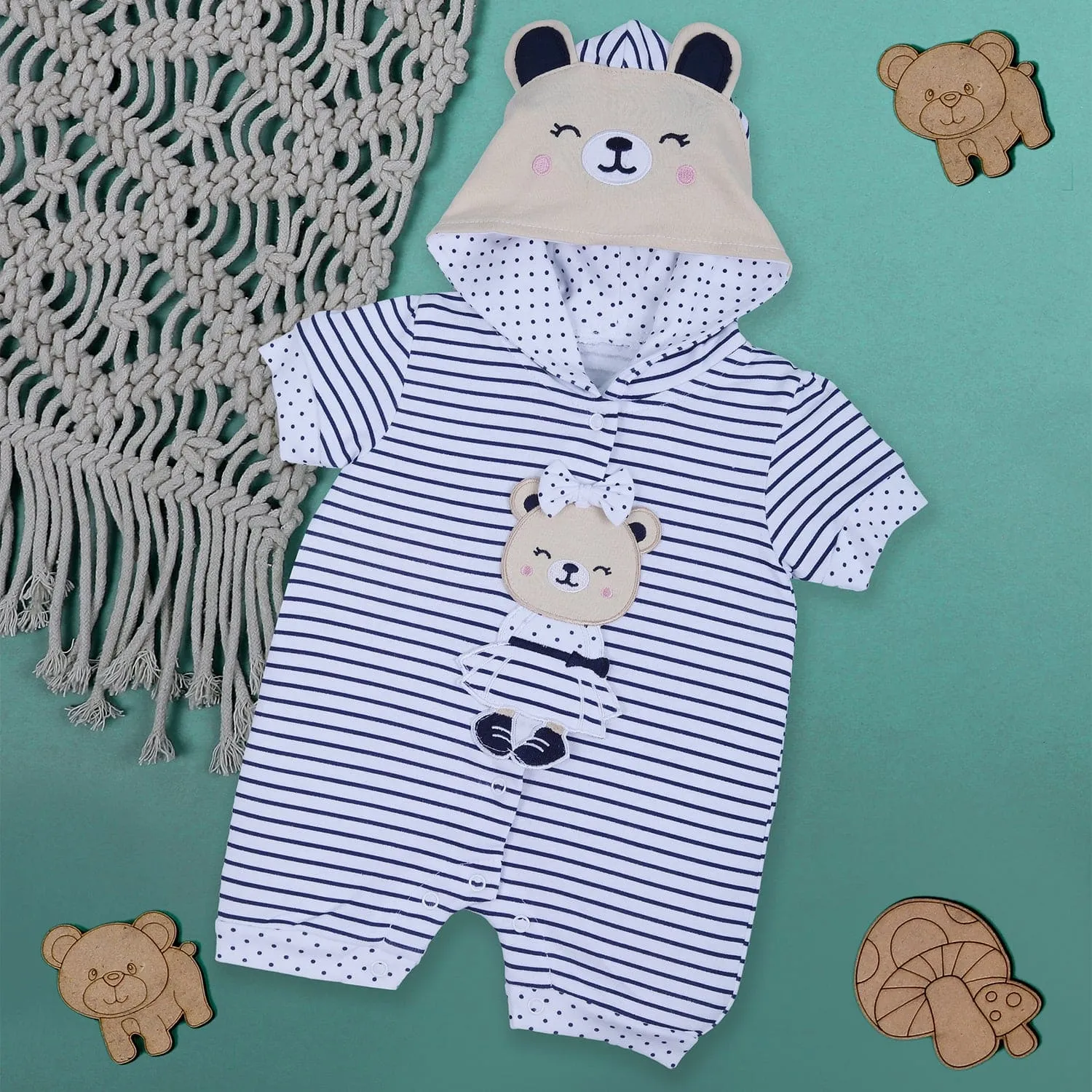 Baby Moo Striped Blushing Bear Hooded Short Romper - Grey