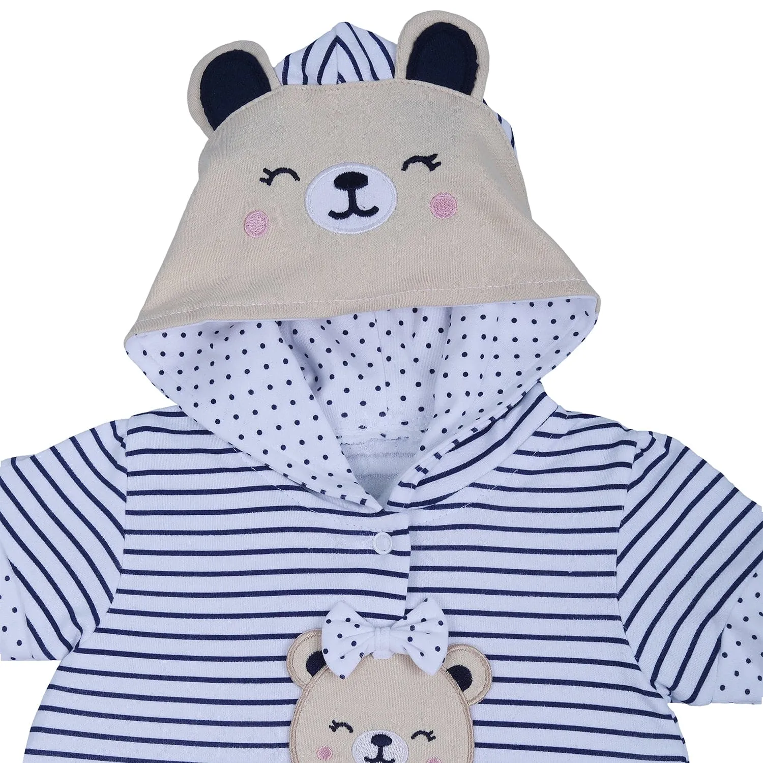 Baby Moo Striped Blushing Bear Hooded Short Romper - Grey