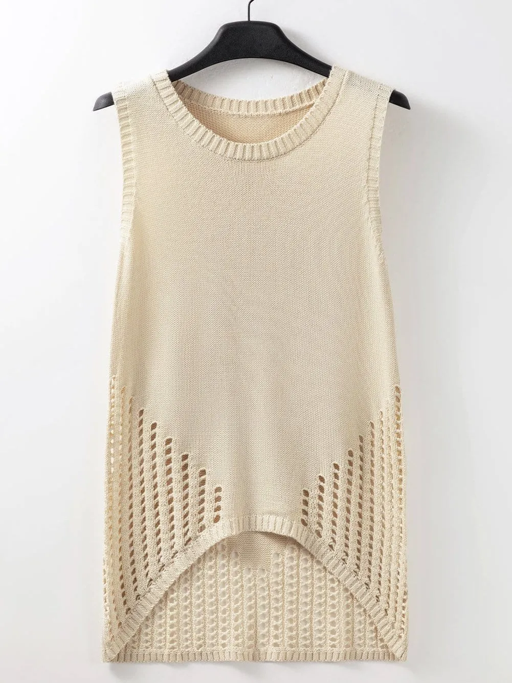 Beige Pointelle Bottom Detail Knitted Sleeveless Sweater Tank Top