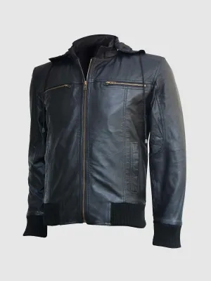 Black Leather Hooded Bomber Jacket