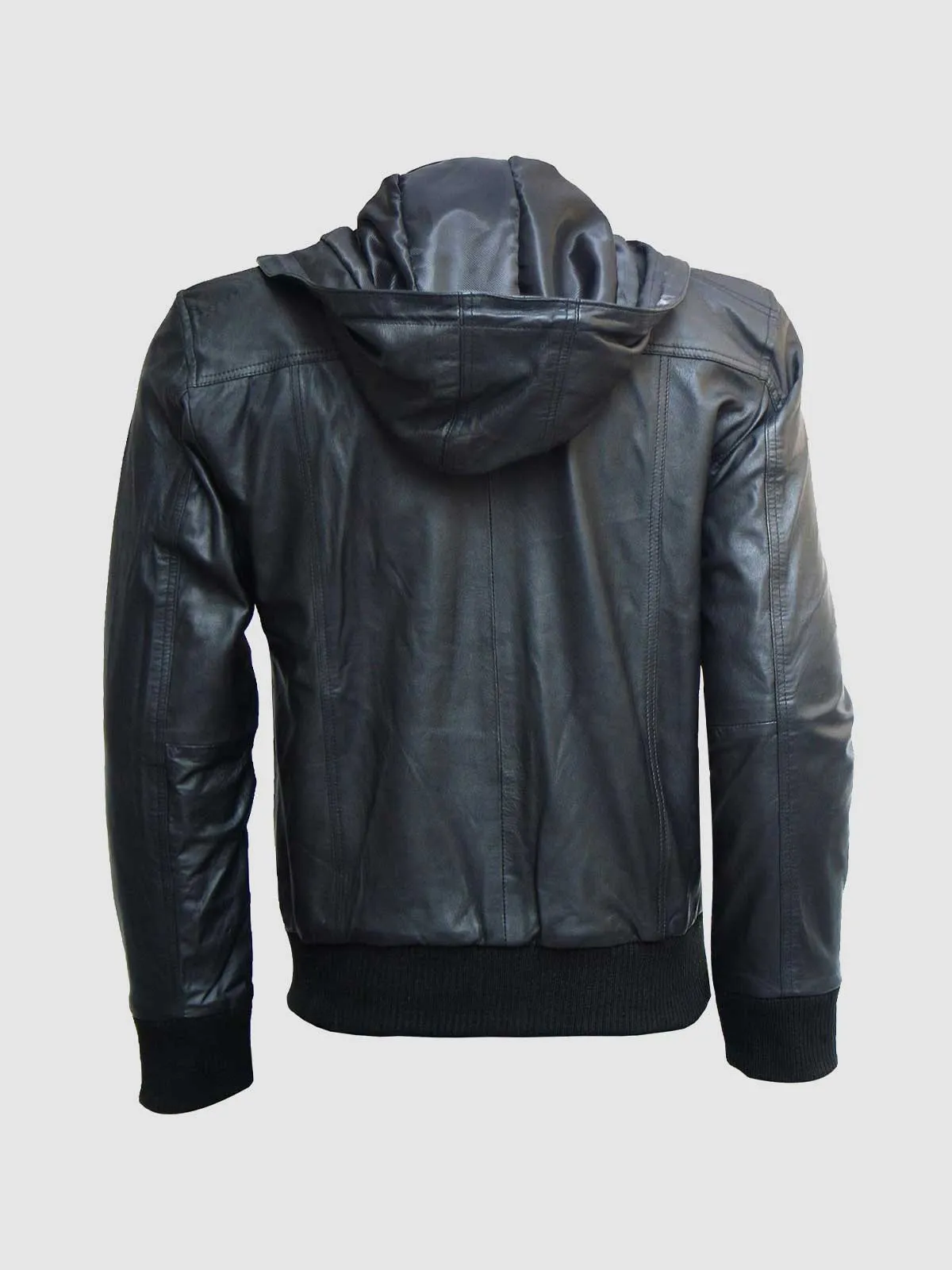 Black Leather Hooded Bomber Jacket
