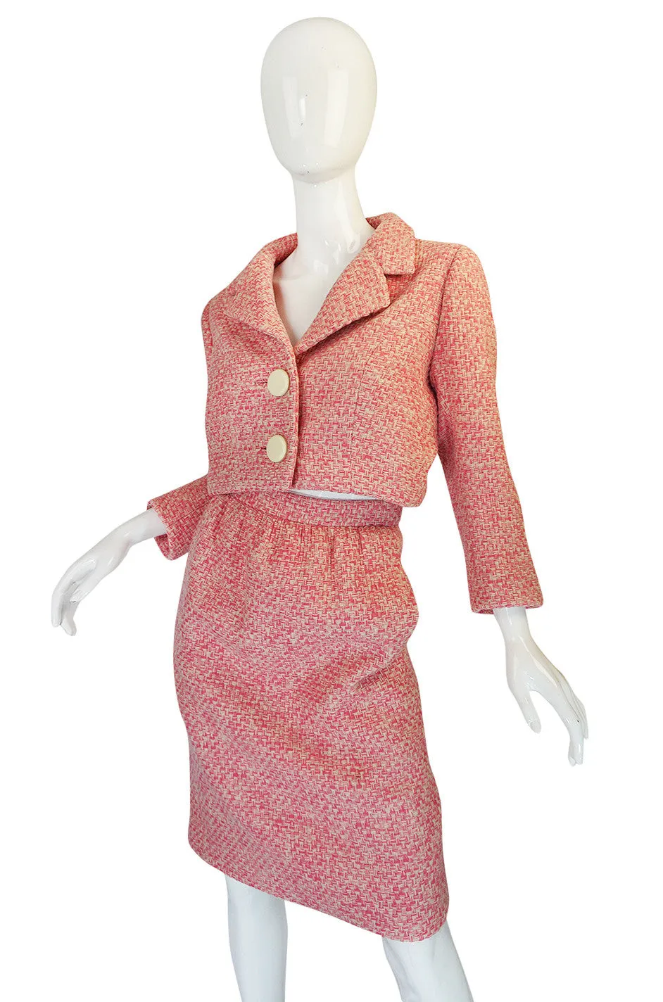 c1963-65 Norman Norell Pink Boucle Cropped Jacket Suit