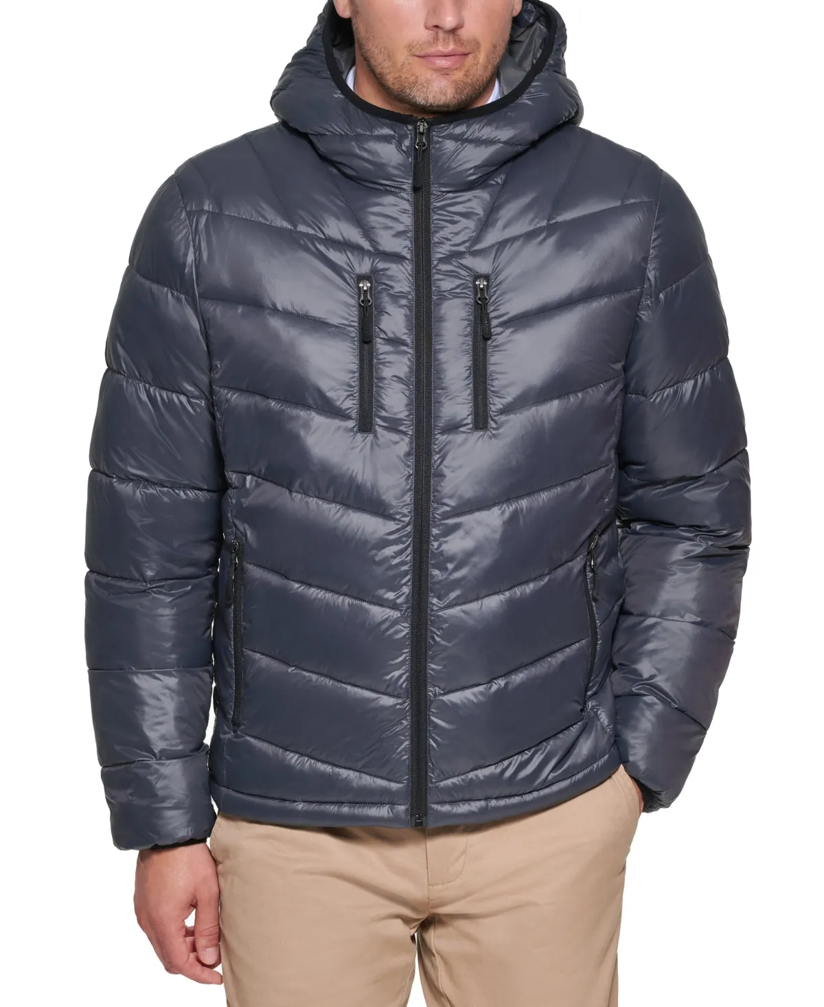 Club Room Mens Puffer Jacket Coat XL Grey Hooded Solid