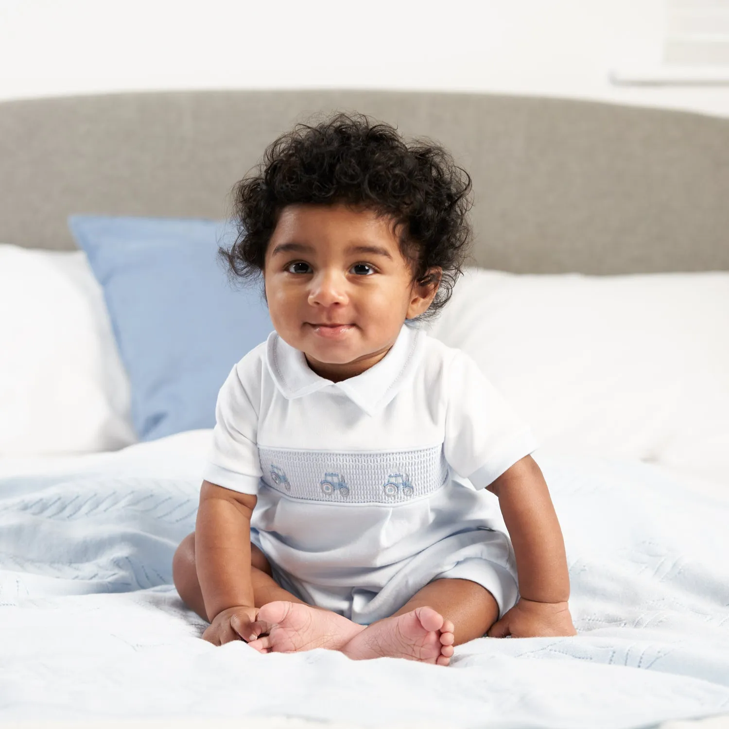 Dandelion Blue Little Tractor Smocked Romper