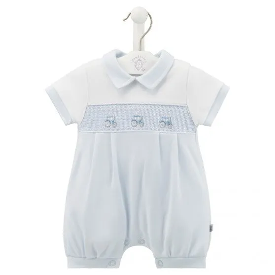 Dandelion Blue Little Tractor Smocked Romper