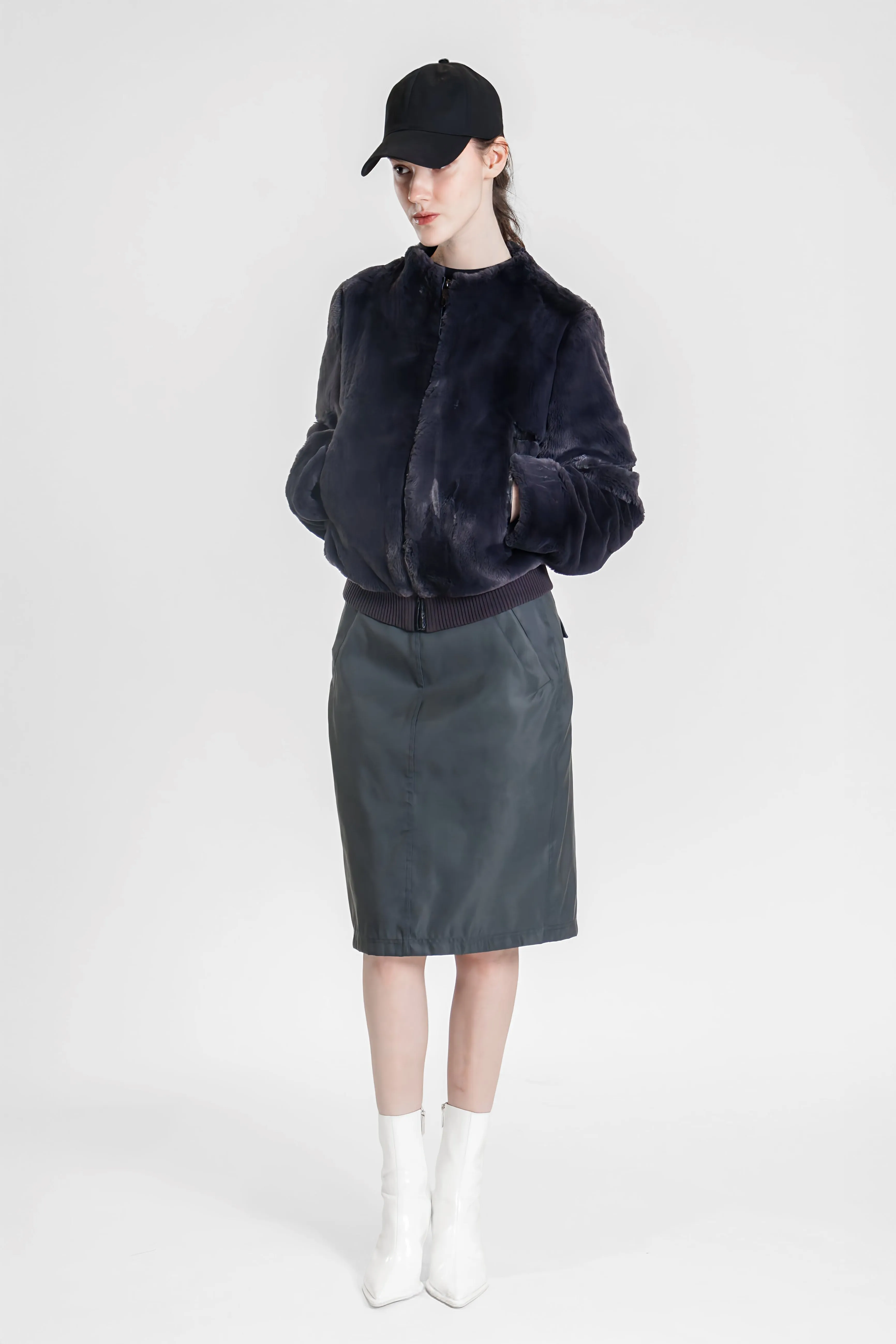 DARK EUROPEAN GRAY RABBIT FUR PANEL LEATHER JACKET
