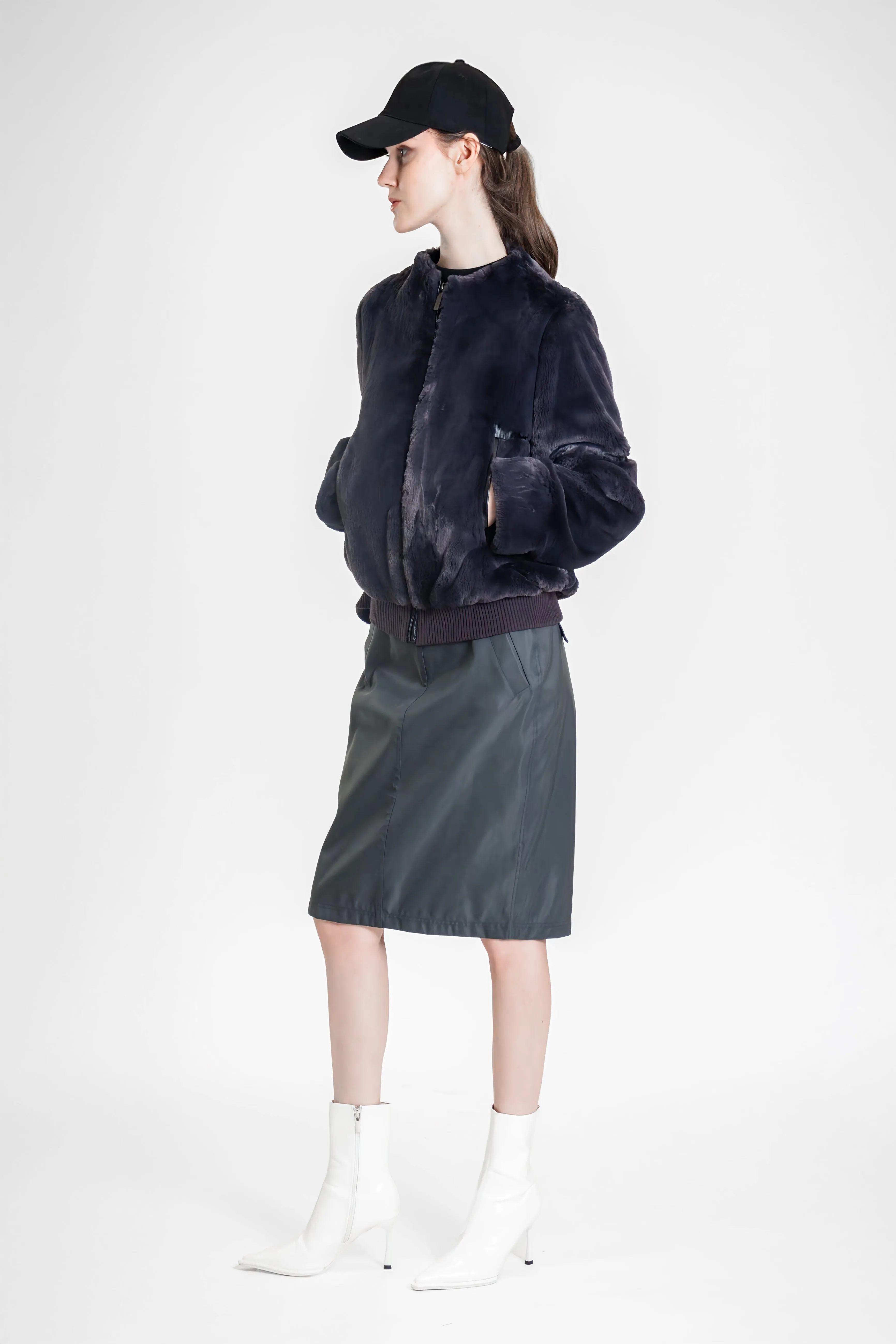 DARK EUROPEAN GRAY RABBIT FUR PANEL LEATHER JACKET