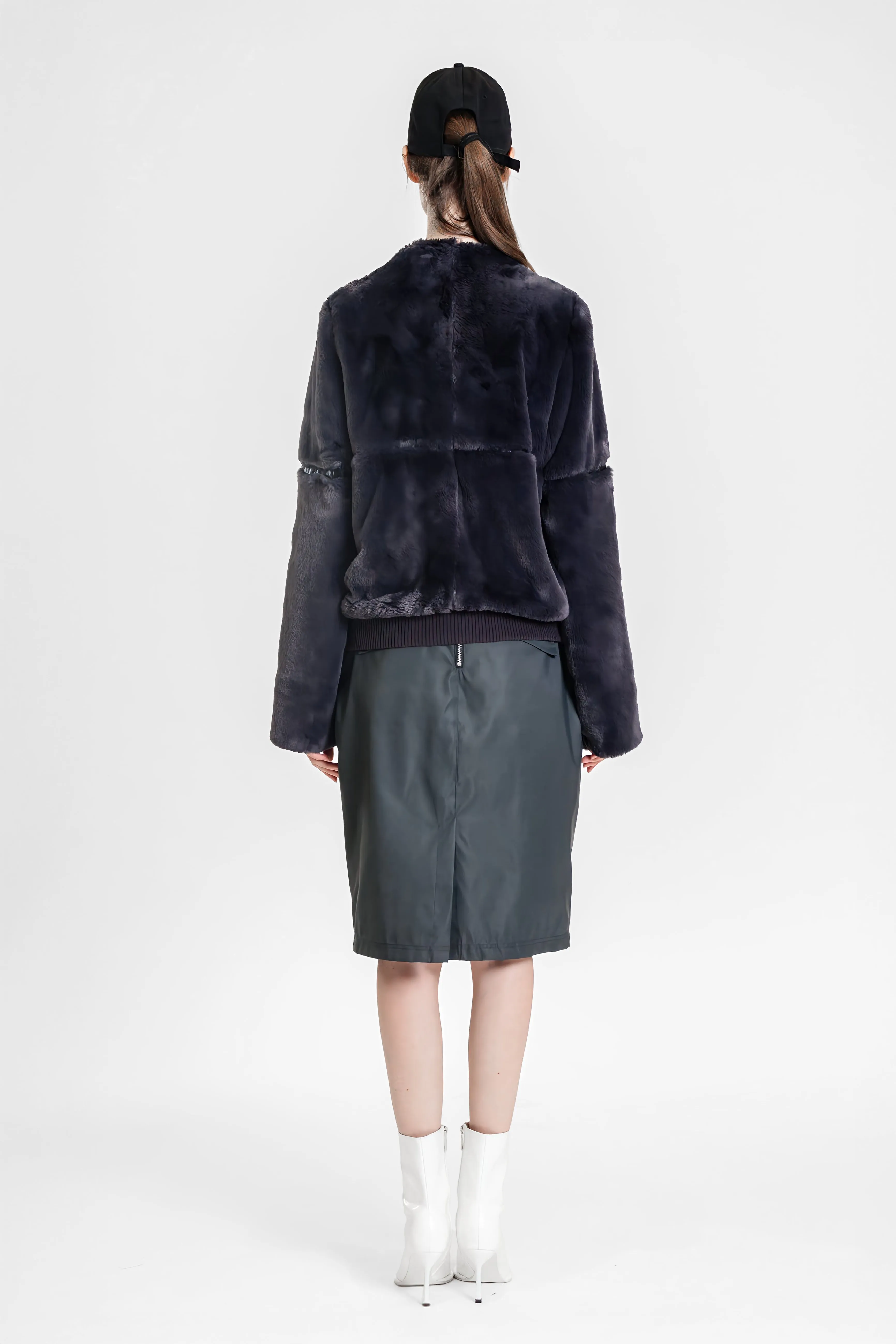 DARK EUROPEAN GRAY RABBIT FUR PANEL LEATHER JACKET