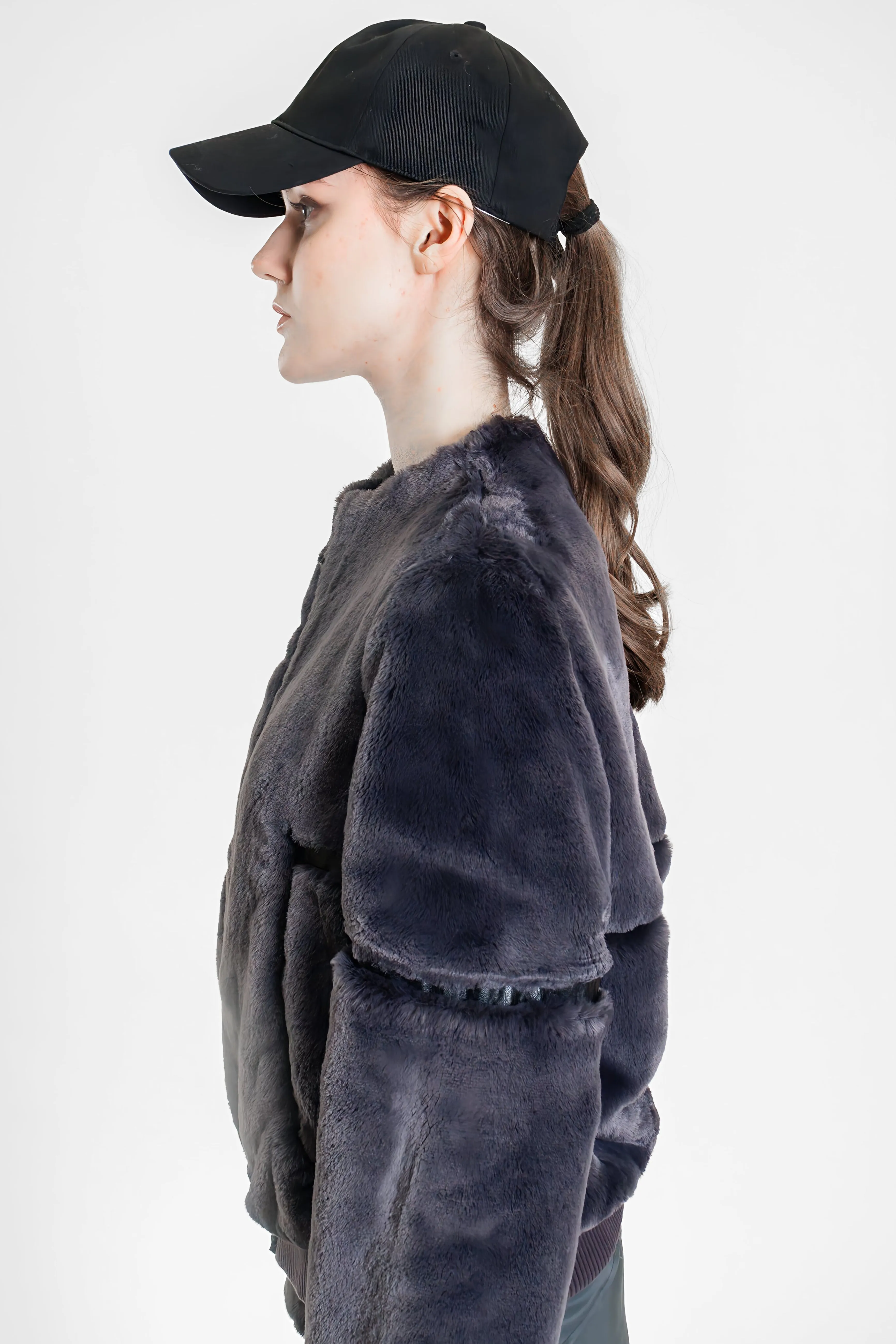 DARK EUROPEAN GRAY RABBIT FUR PANEL LEATHER JACKET
