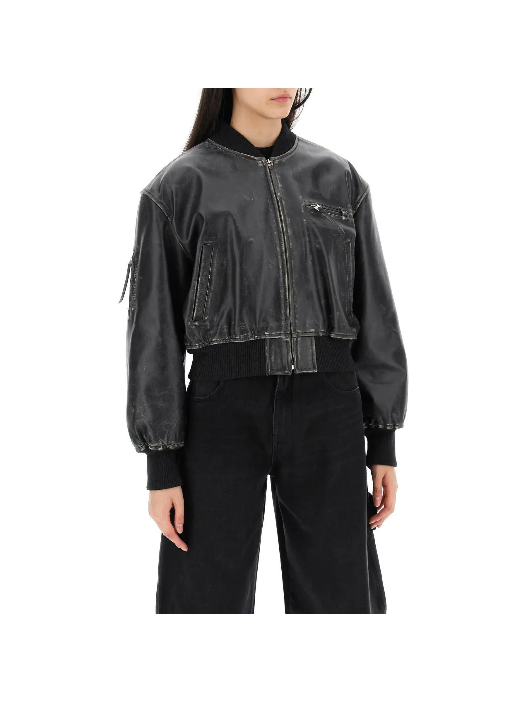 Distressed Leather Bomber Jacket