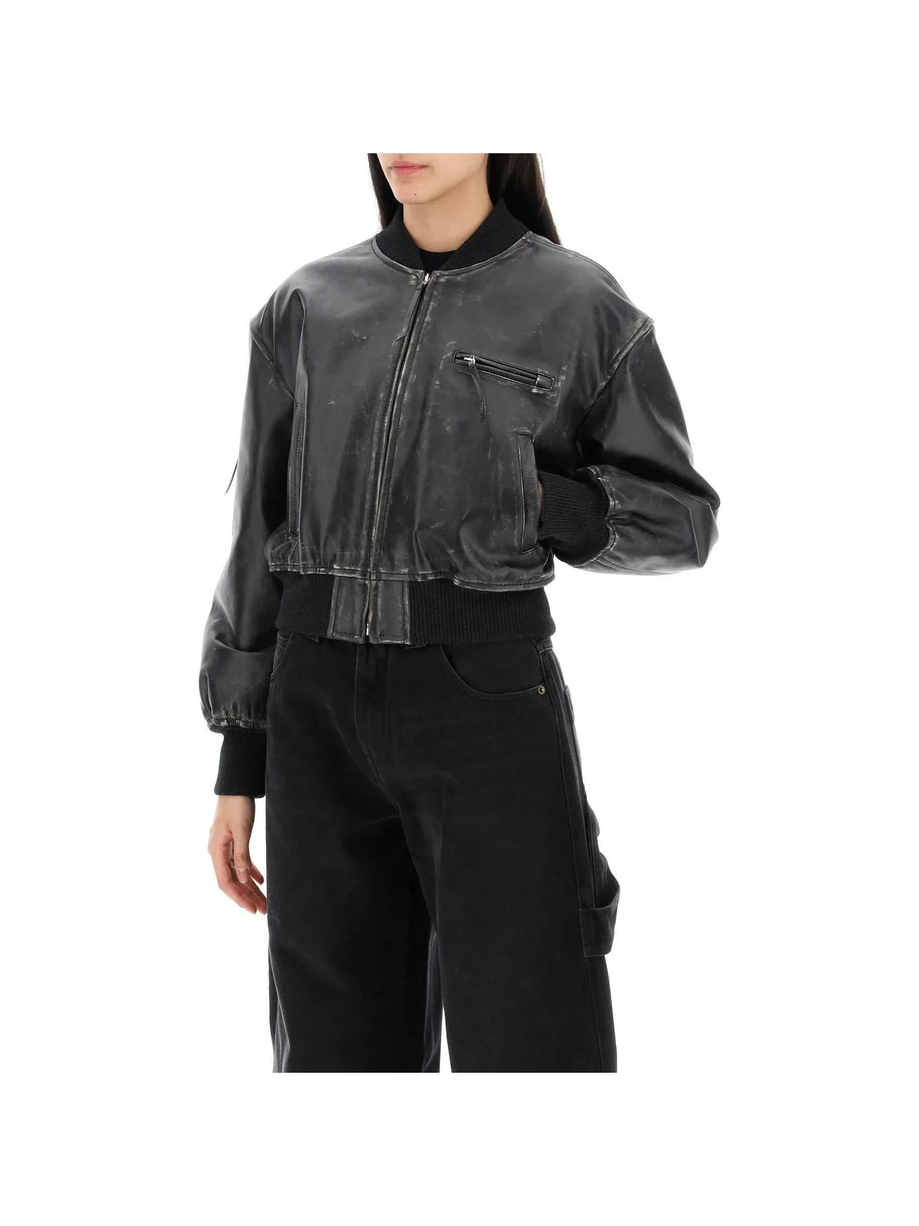 Distressed Leather Bomber Jacket