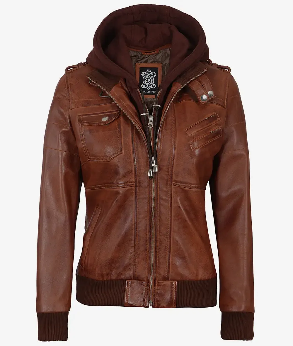 Edinburgh Womens Brown Cognac Bomber Hooded Leather Jacket