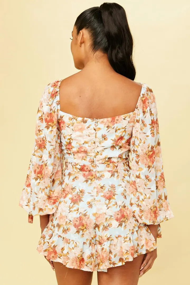 Floral Long Sleeve Romper in Light Blue
