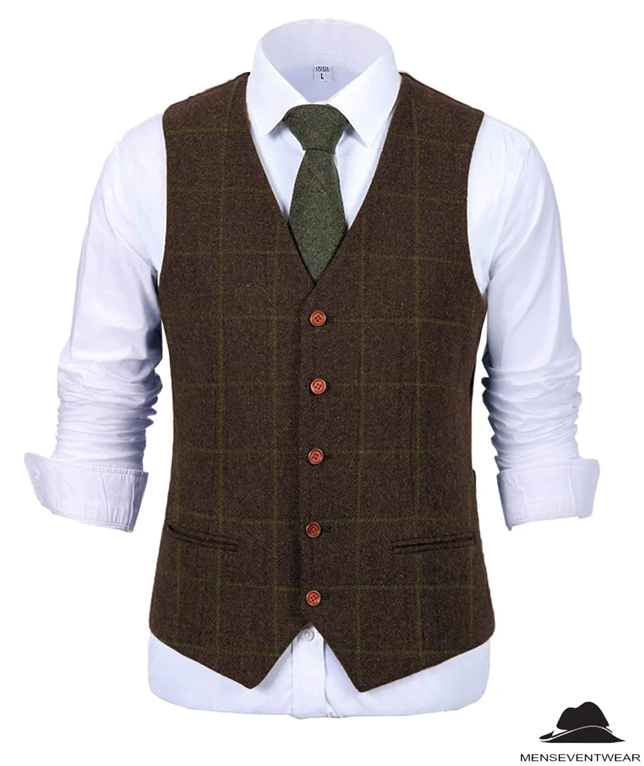 Formal Men's Suit Vest Plaid Tweed V Neck Waistcoat