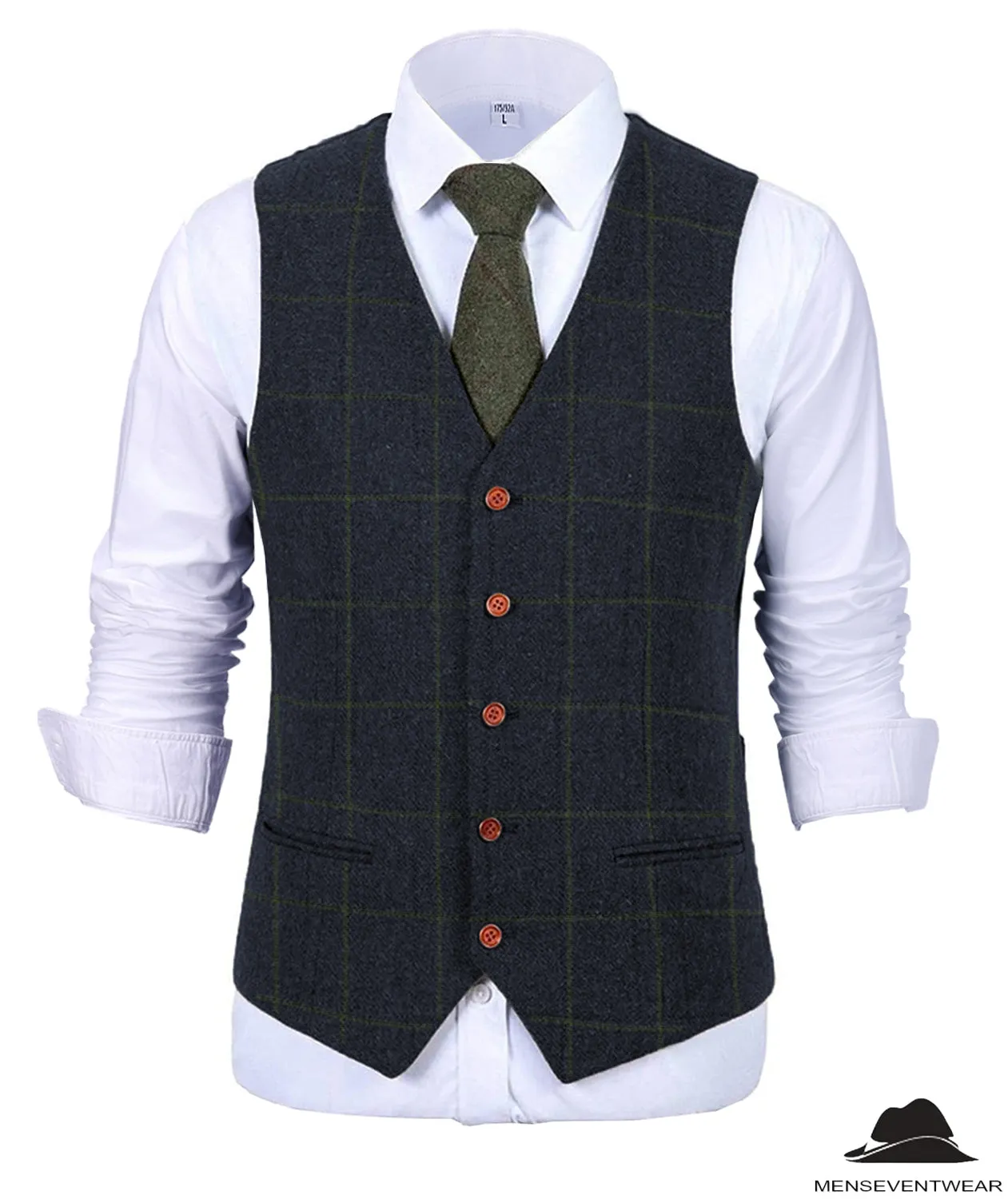 Formal Men's Suit Vest Plaid Tweed V Neck Waistcoat