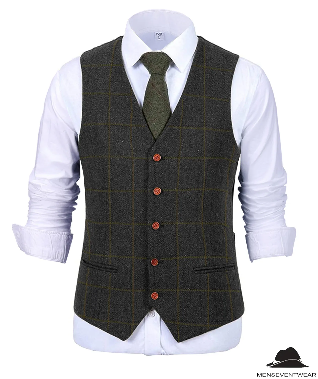 Formal Men's Suit Vest Plaid Tweed V Neck Waistcoat