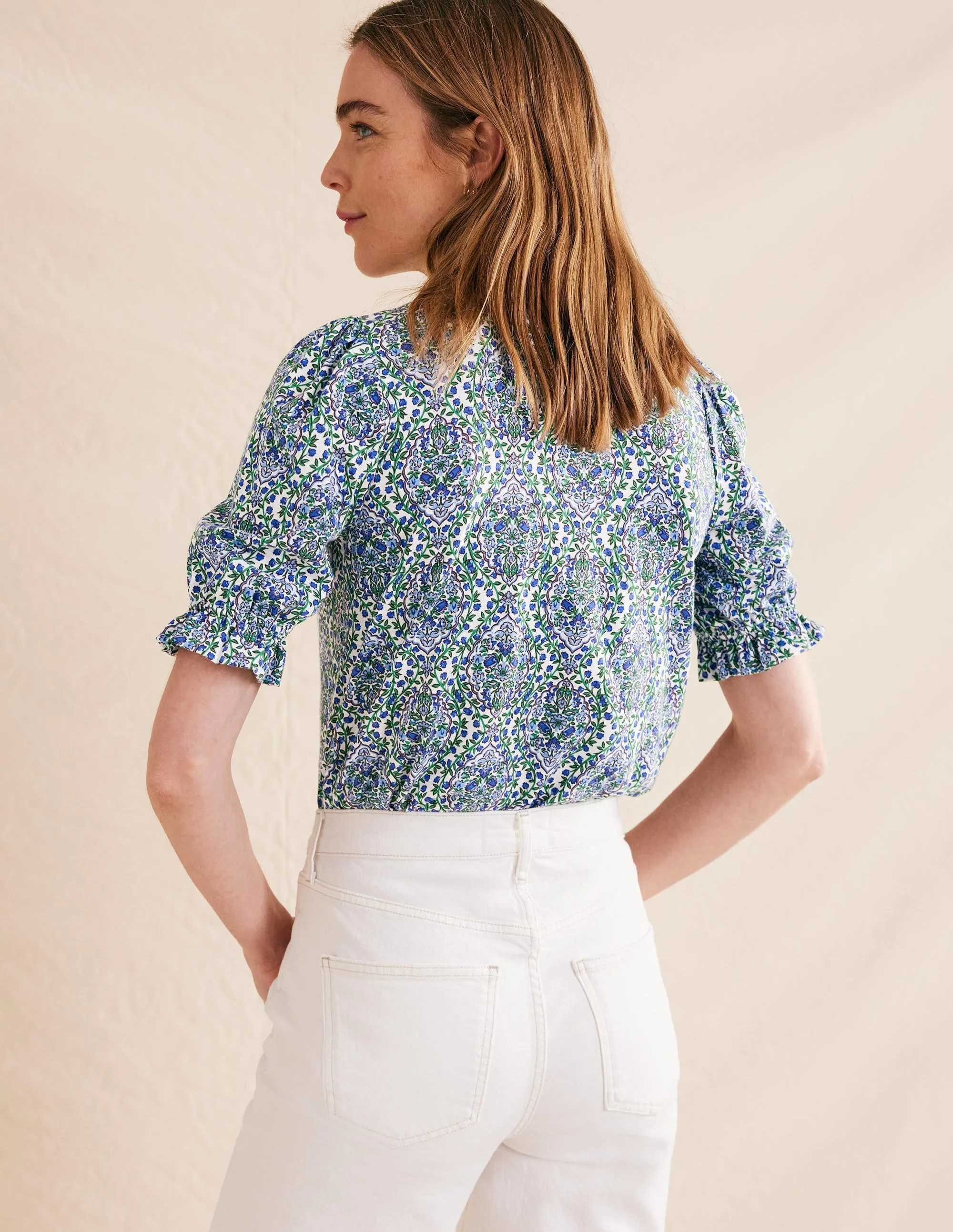 Frilled Short Sleeve Shirt-Linseed and Vine Terrace