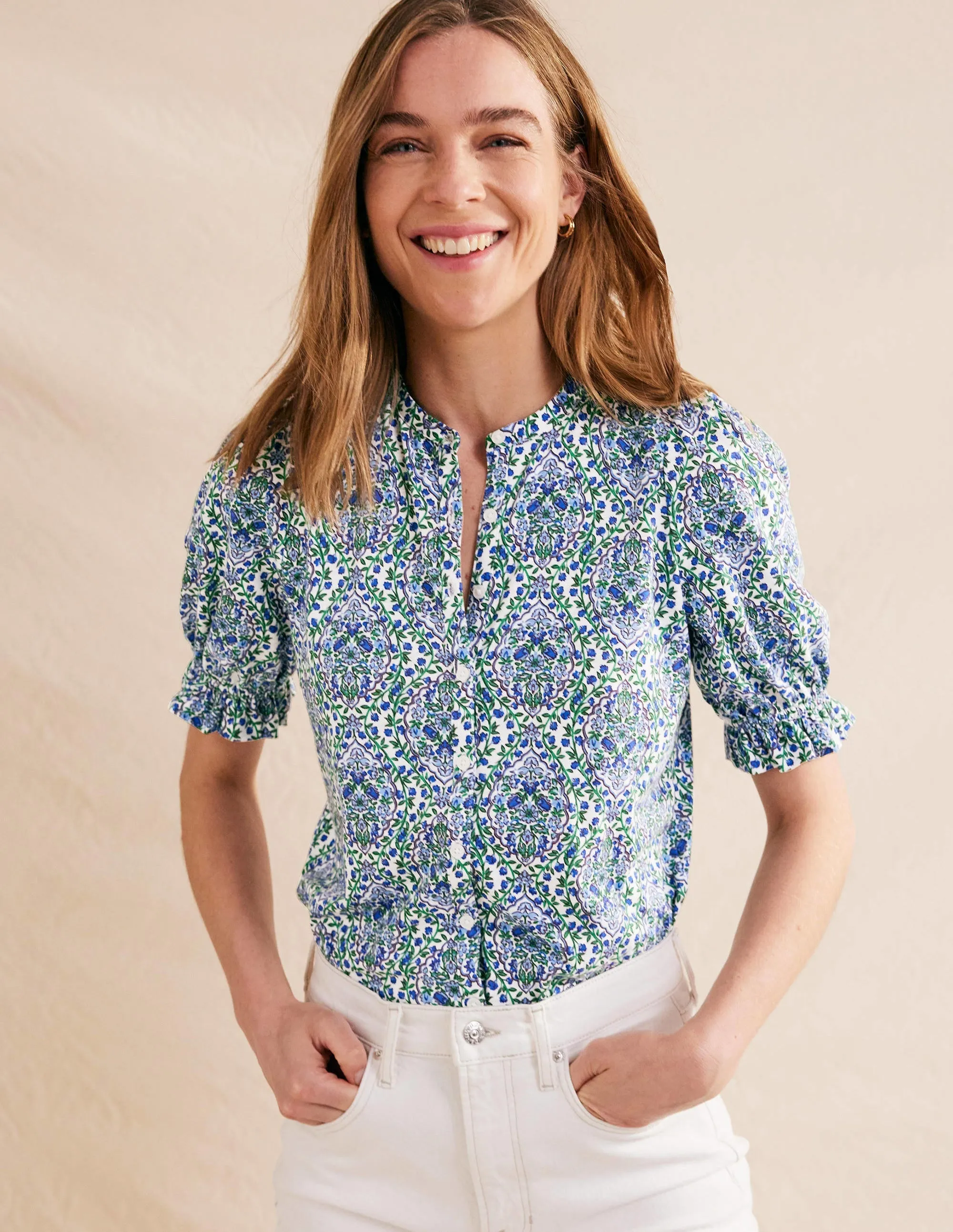 Frilled Short Sleeve Shirt-Linseed and Vine Terrace