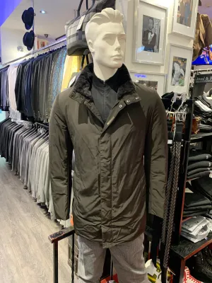 Gimos Outer Wear Coat: Dark Brown Weather Proof Nylon with Removable Hood
