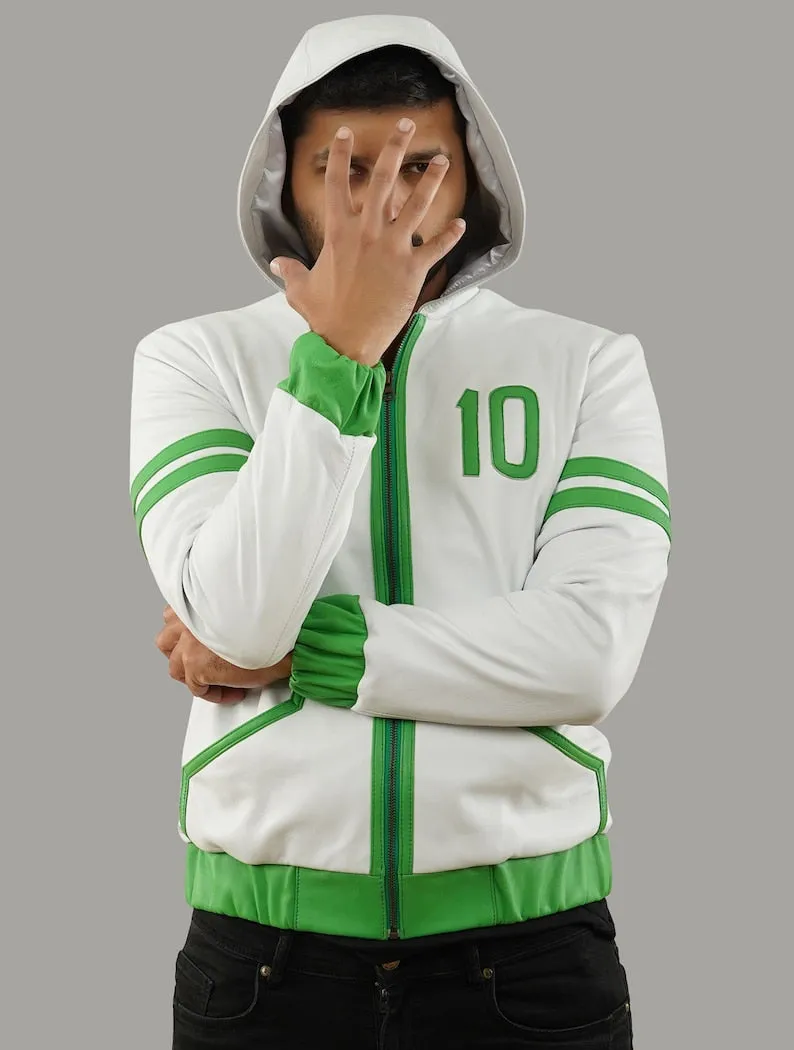 Inspired Ben 10 Omniverse Green and White Hooded Leather Jacket by TJS