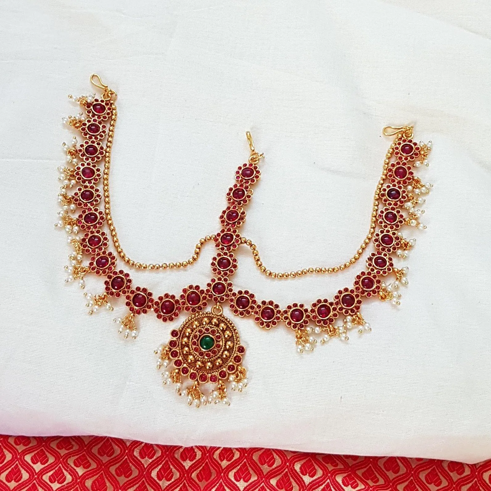 Kemp style three-layered Maang tikka with Golden bead work