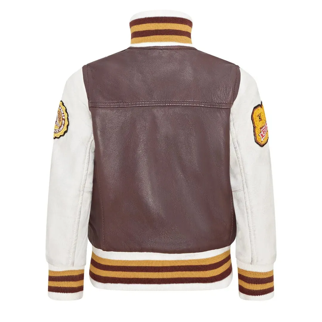 Kids Burgundy Leather Letterman Bomber Jacket