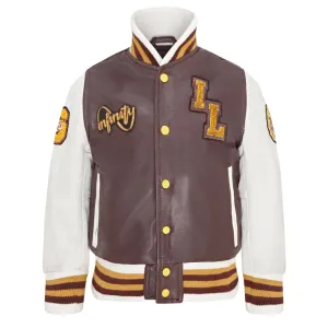 Kids Burgundy Leather Letterman Bomber Jacket