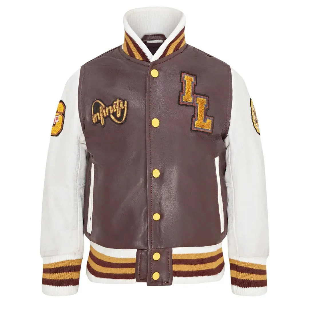 Kids Burgundy Leather Letterman Bomber Jacket