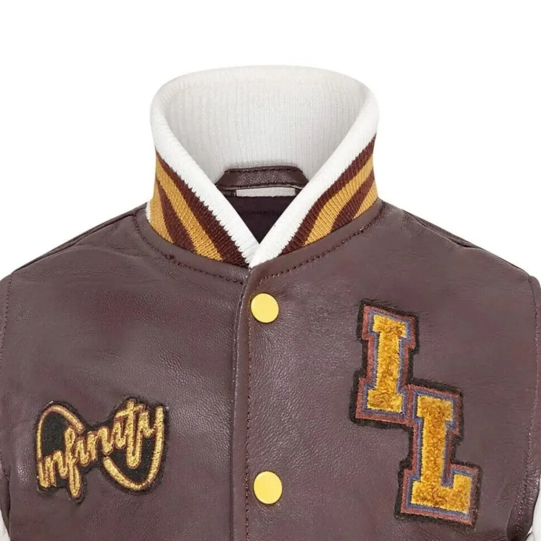 Kids Burgundy Leather Letterman Bomber Jacket