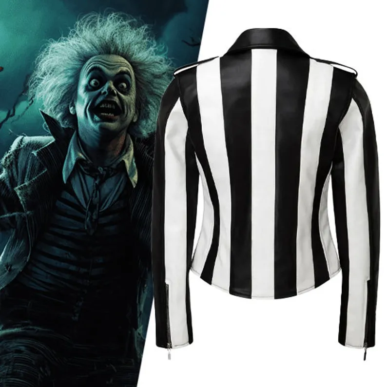 Killstar Beetlejuice Striped Leather Jacket