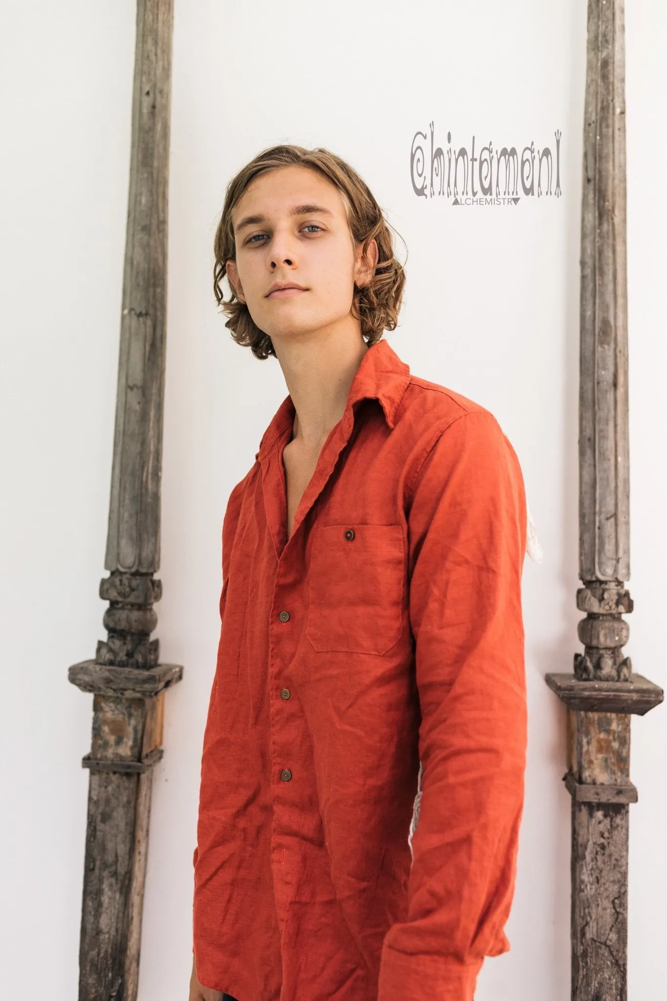Linen Fringe Boho Shirt for Men / Alma Libra / Red Ochre