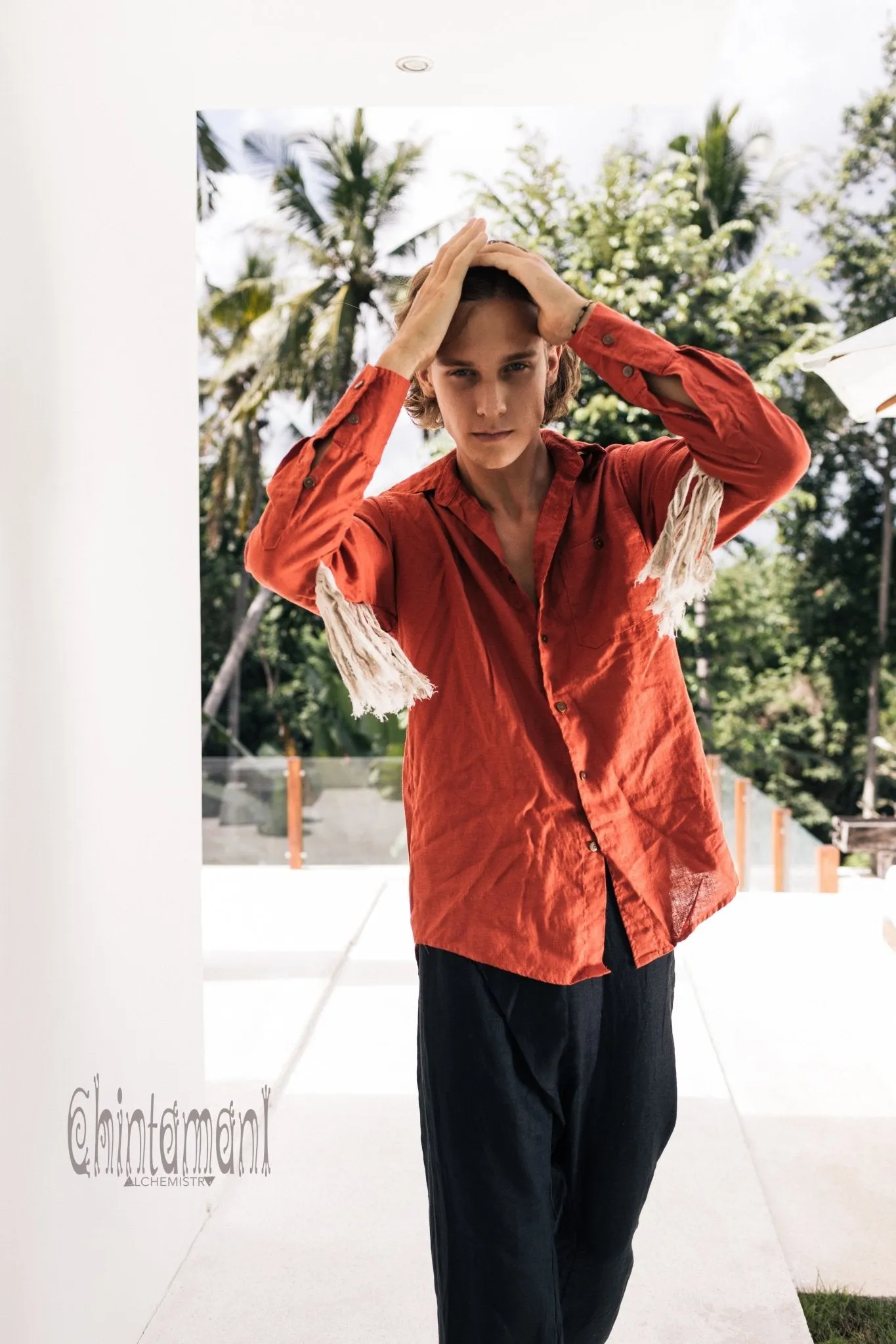 Linen Fringe Boho Shirt for Men / Alma Libra / Red Ochre