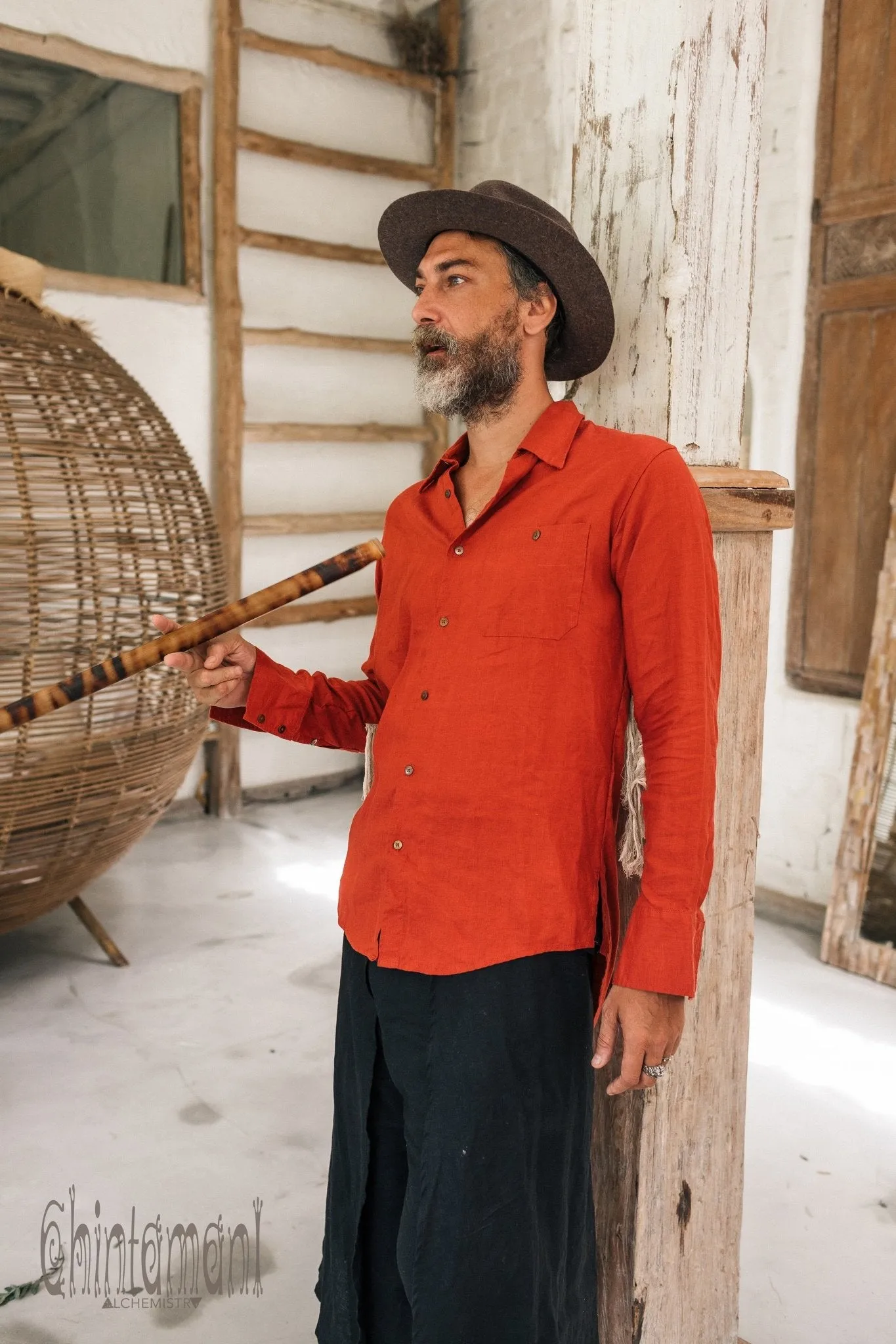 Linen Fringe Boho Shirt for Men / Alma Libra / Red Ochre