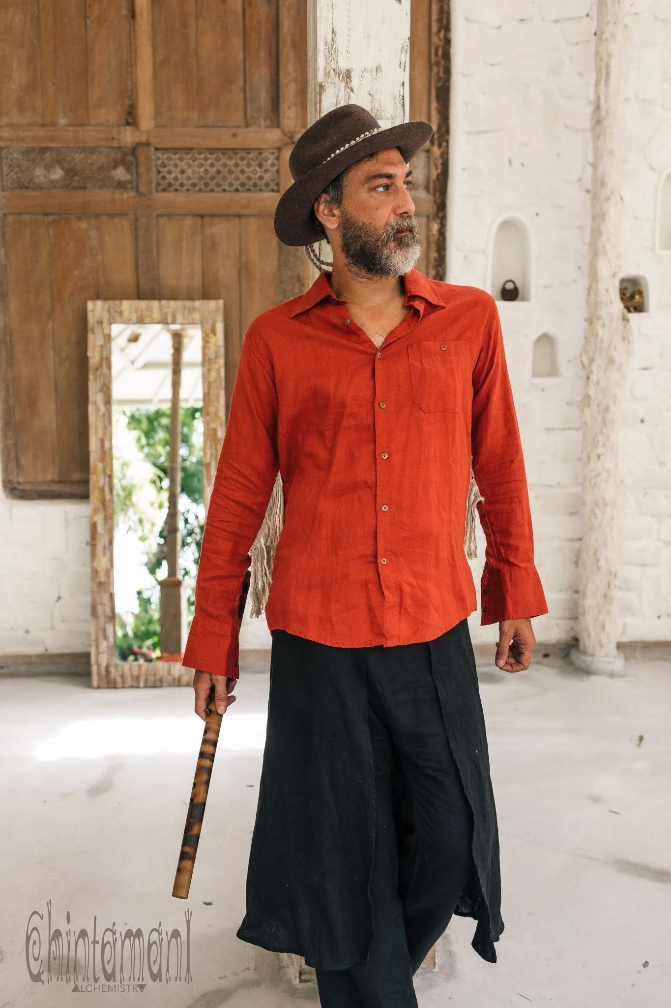 Linen Fringe Boho Shirt for Men / Alma Libra / Red Ochre