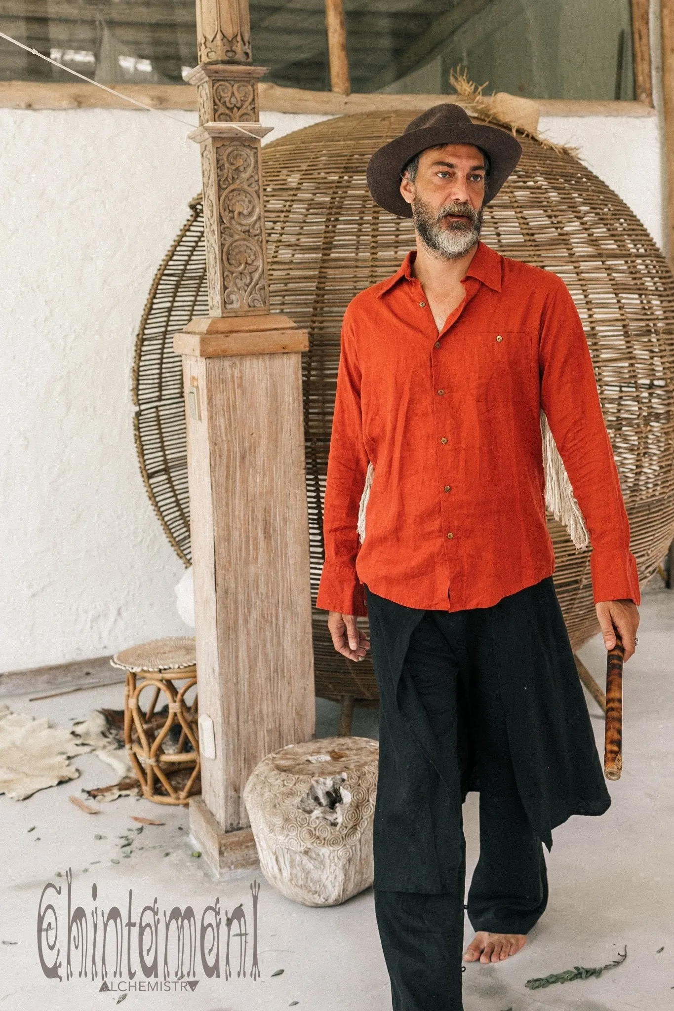 Linen Fringe Boho Shirt for Men / Alma Libra / Red Ochre