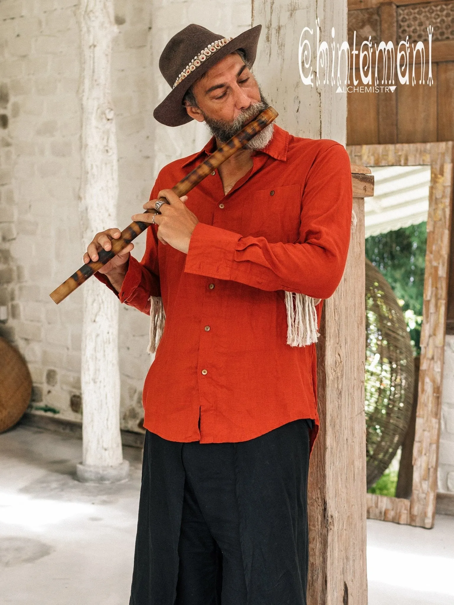 Linen Fringe Boho Shirt for Men / Alma Libra / Red Ochre