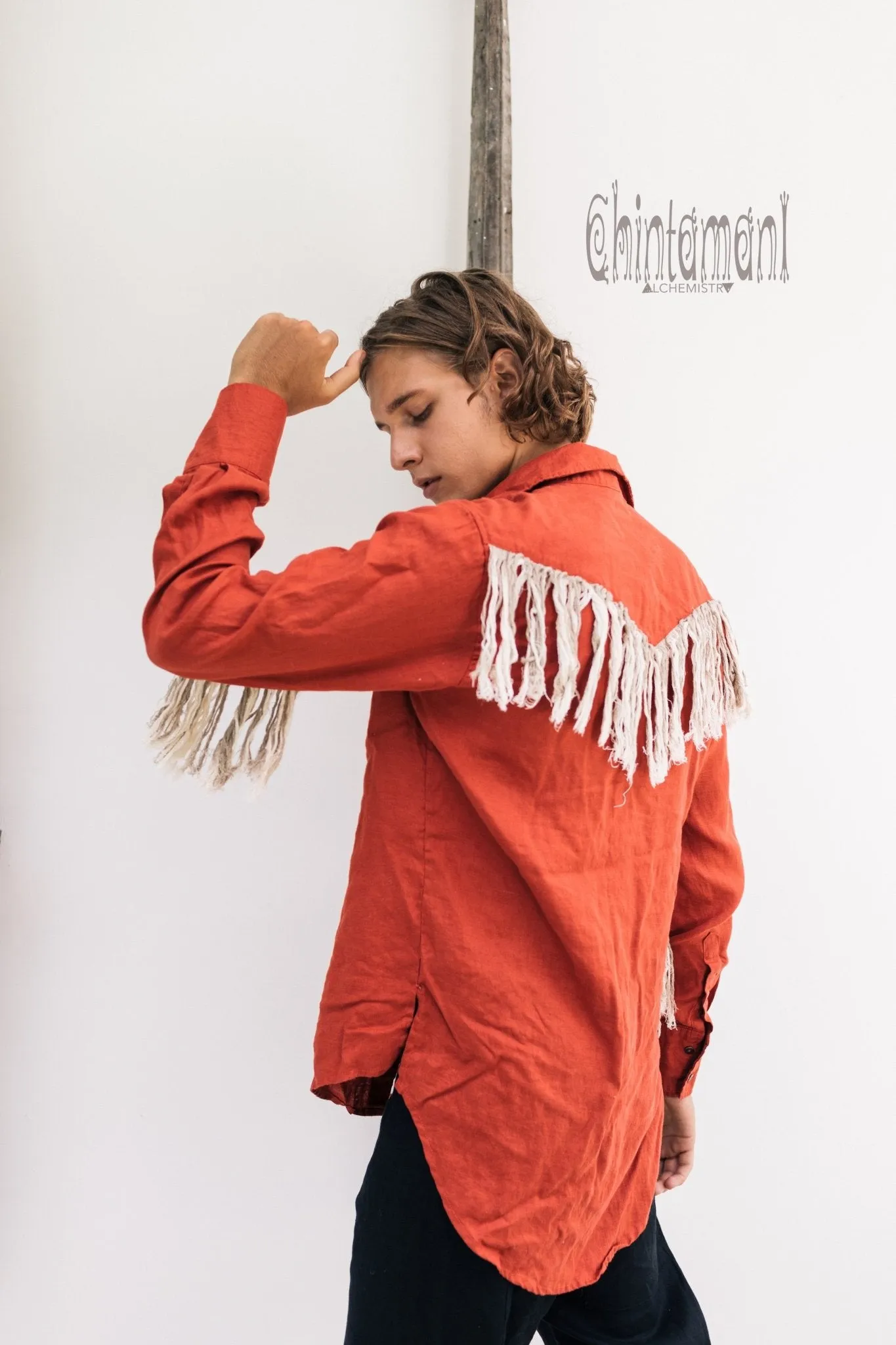 Linen Fringe Boho Shirt for Men / Alma Libra / Red Ochre