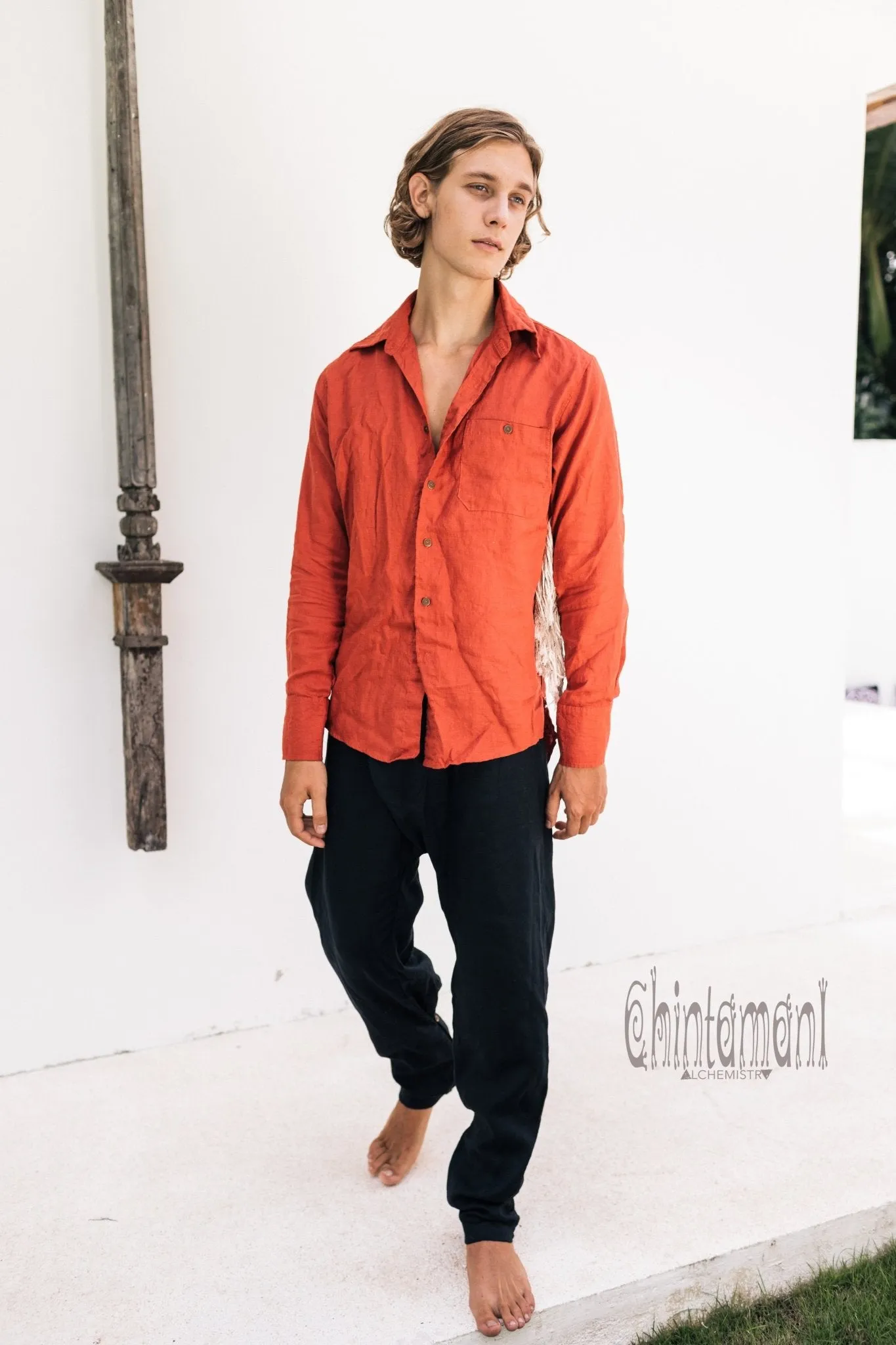 Linen Fringe Boho Shirt for Men / Alma Libra / Red Ochre