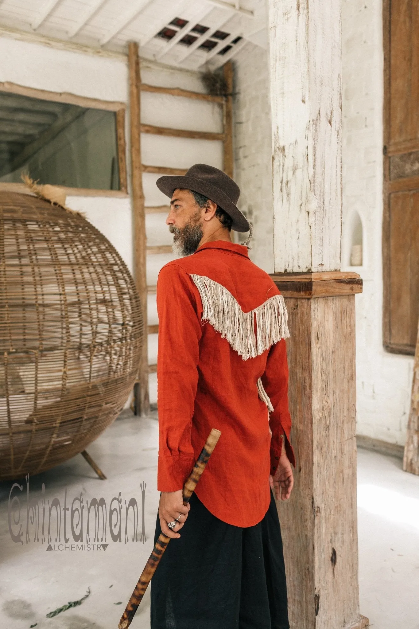 Linen Fringe Boho Shirt for Men / Alma Libra / Red Ochre