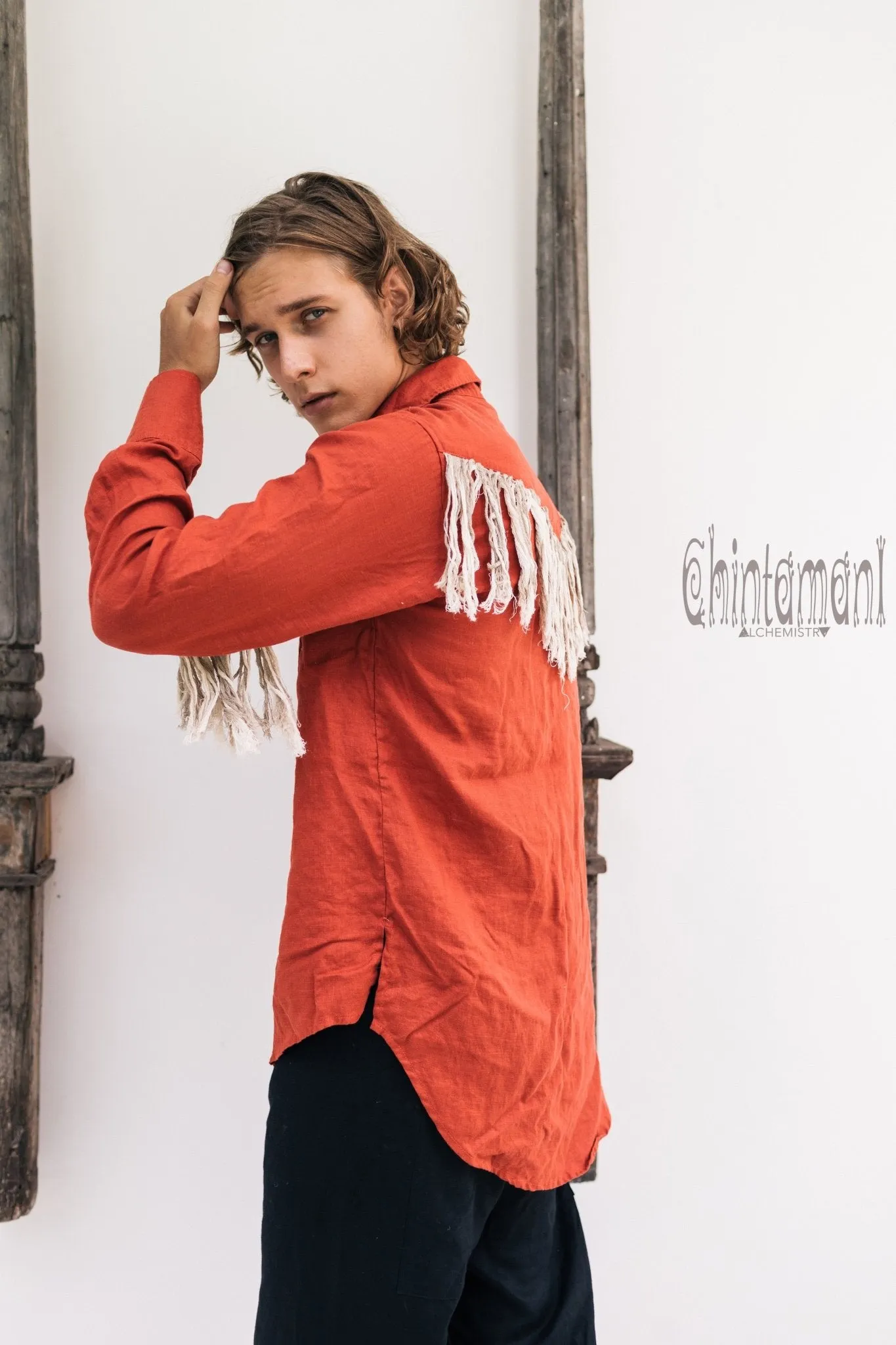 Linen Fringe Boho Shirt for Men / Alma Libra / Red Ochre
