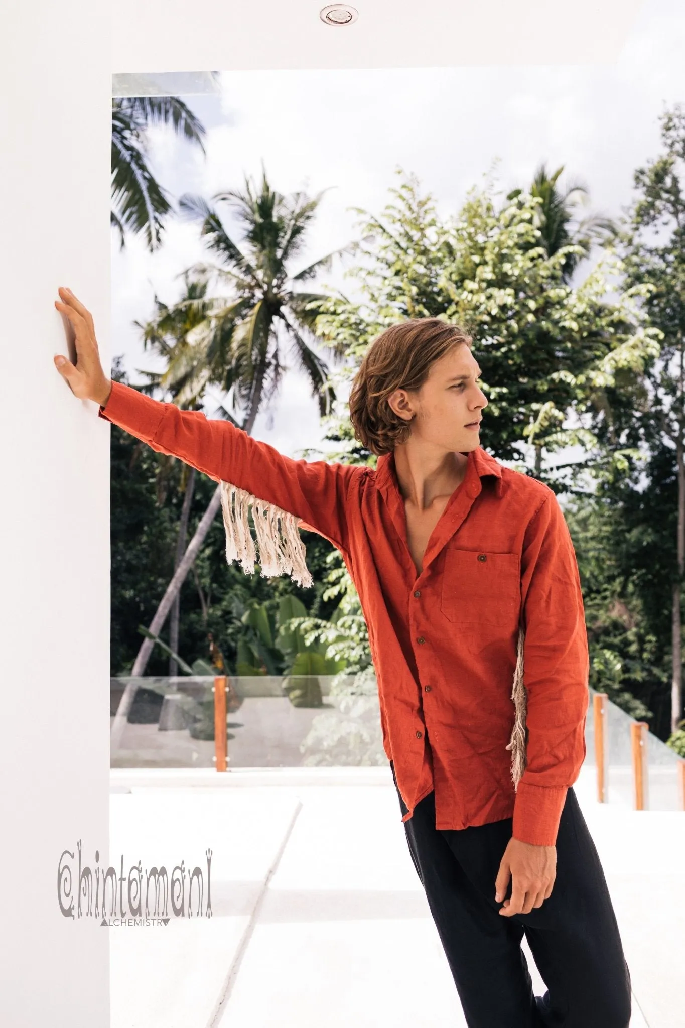 Linen Fringe Boho Shirt for Men / Alma Libra / Red Ochre