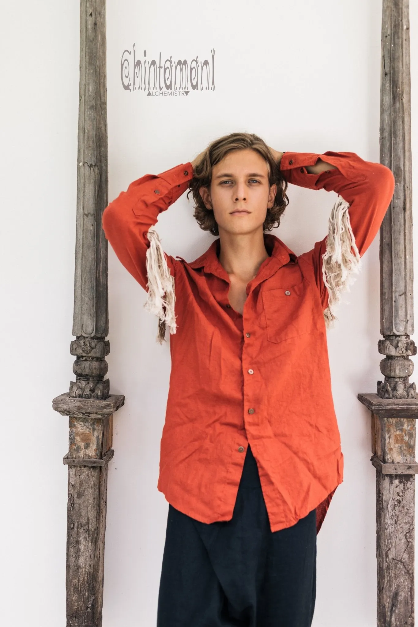 Linen Fringe Boho Shirt for Men / Alma Libra / Red Ochre