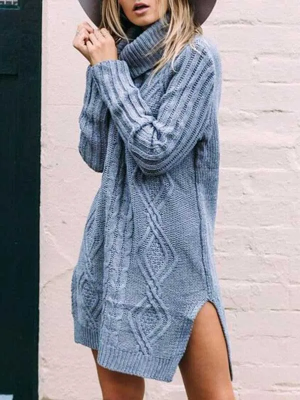 Long Sleeve Cable Knit Turtleneck Sweater Dress